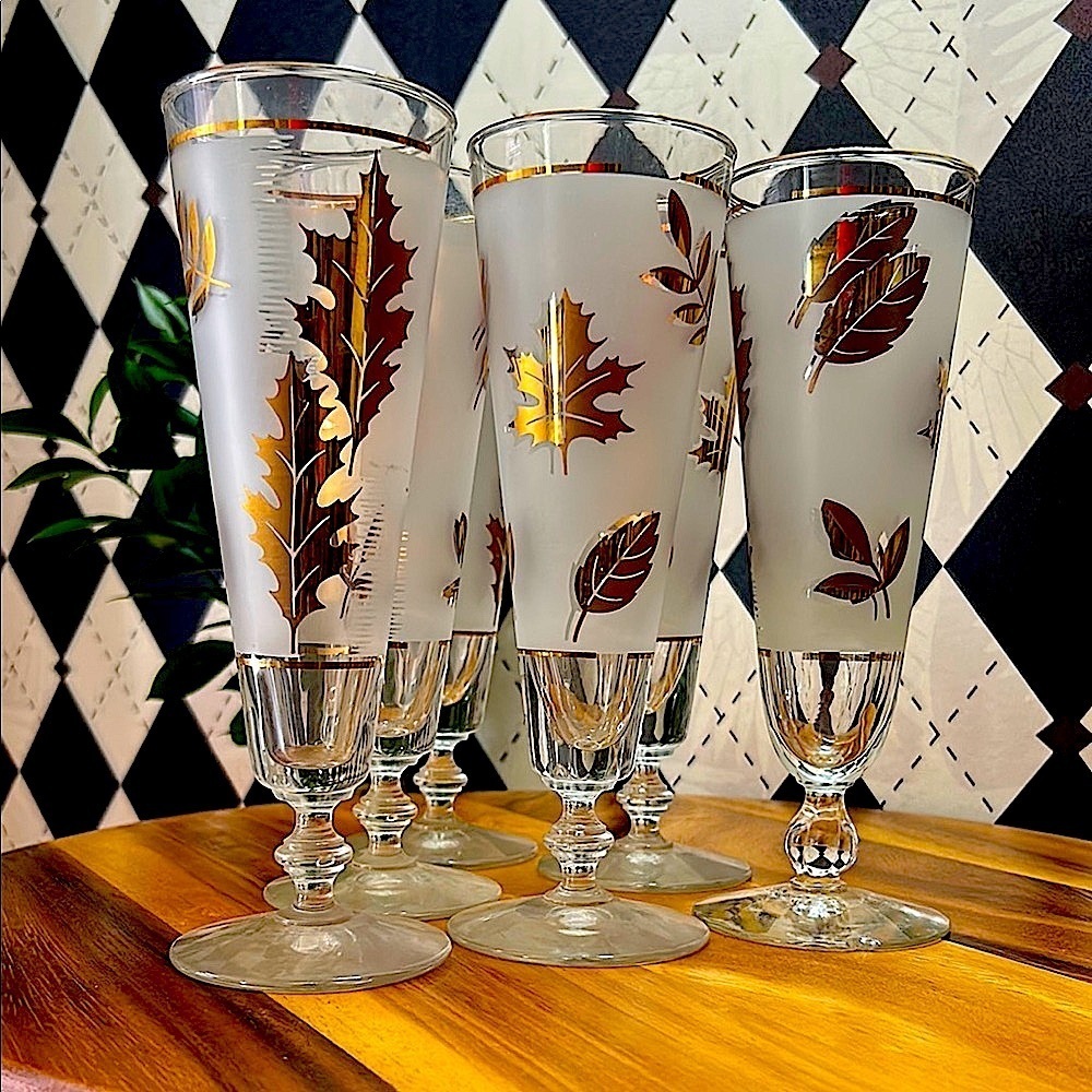 Vintage Libbey 22k Gold Maple Foliage Pilsner Glasses Set of 6| Mid Century Bar - Picture 5 of 17